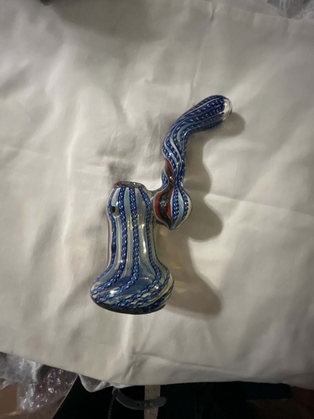 Hand Blown Glass Sherlock Bubbler  Blue and White Spiral